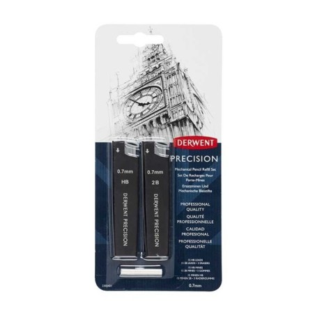 Minas de Grafite Derwent 2302431 0,7mm HB/2B 2x15 + 3 Borrachas